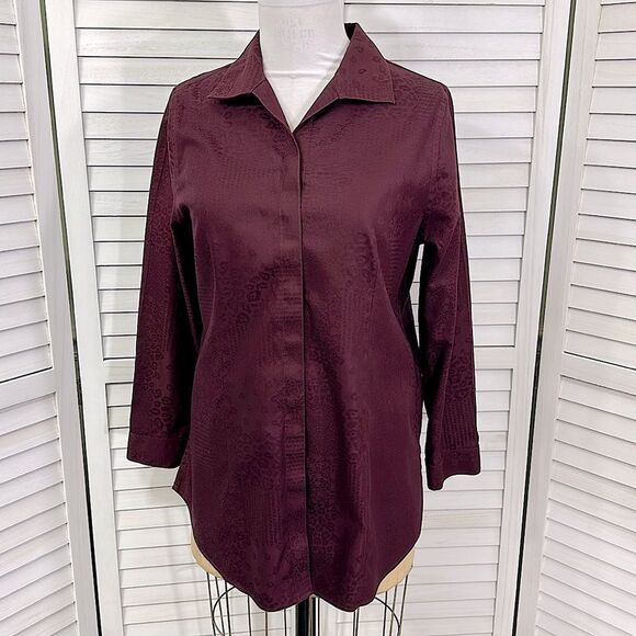 Chico's No Iron Tunic Shirt Size 1.5 (10) Jacquard Burgundy Long Sleeve - Picture 2 of 12